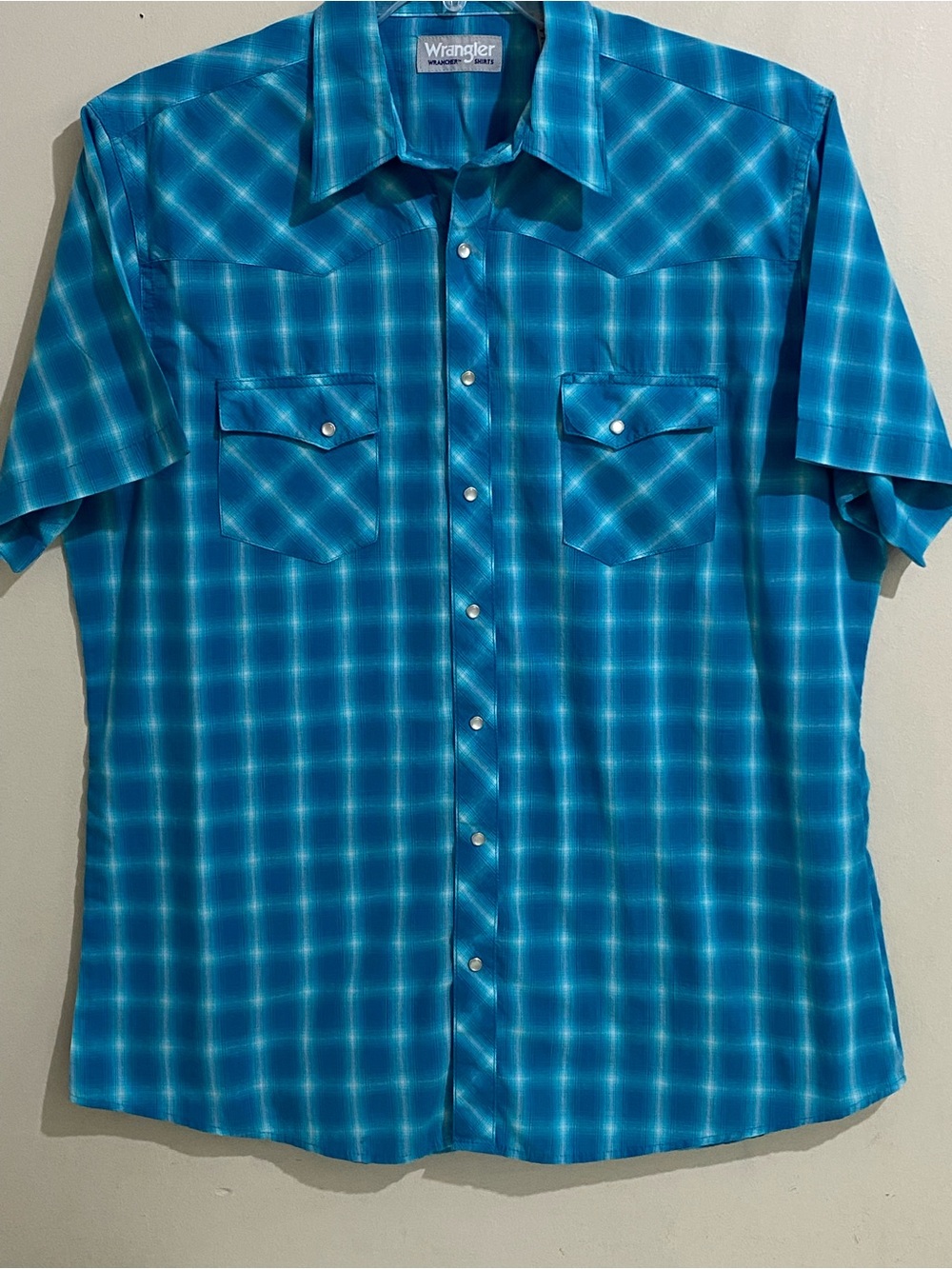 Wrangle Wrancher Men XLT Pearl Snap Teal Plaid Short-Sleeve Western Shirt